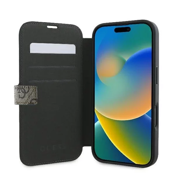 Guess 4G Metal Logo Book Case do iPhone 16 6,1″ – brązowe, z funkcją podstawki