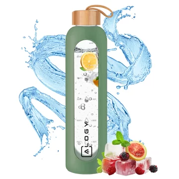 Große Glasflasche, Trinkflasche Alogy Motivational Messbecher 1l 1000ml, Silikonhülle Olive