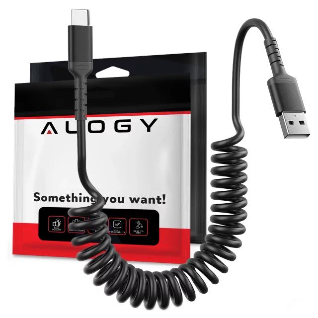 Alogy Spiral Car Charging Cable 66W 5A 150cm USB to USB-C Black