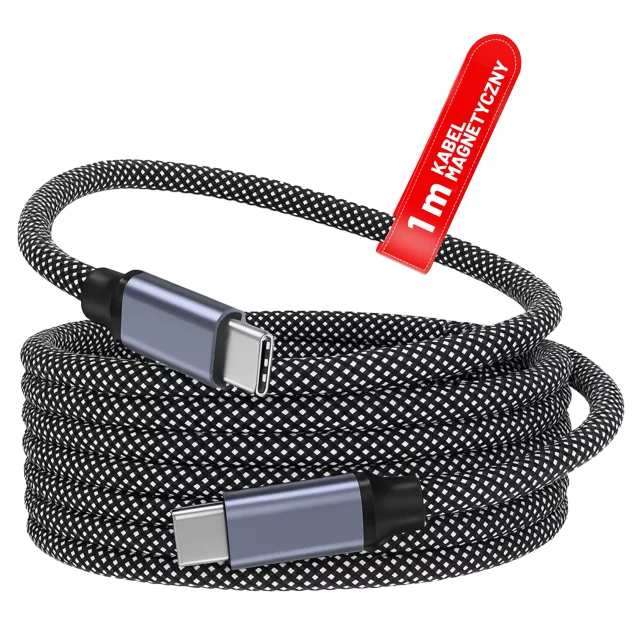 Kabel Zasilający USB-C do USB-C 65W 1m, Szybkie Ładowanie PD, Magnetyczny, Trwały i Elastyczny Przewód Kompatybilny z iPhone, MacBook i Android, Alogy MagiCharge™ – Czarny