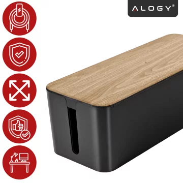 Organizer Pojemnik na Kable i Listwy, Pudełko Biurkowe i Podłogowe Rozmiar L, Estetyczne Wykończenie Drewno, Alogy CableBox™ – Czarny