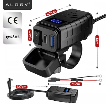 Motocyklová nabíječka Alogy MotoCharge Pro™ s displejem, rychlé nabíjení 36 W PD QC 3.0, porty USB-A a USB-C, vodotěsná a odolná, černá