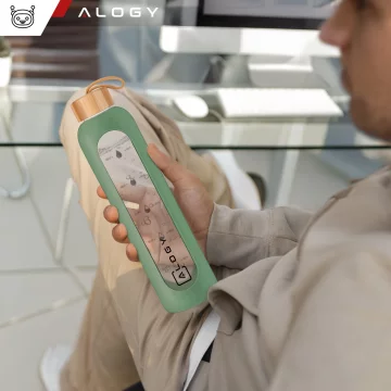 Große Glasflasche, Trinkflasche Alogy Motivational Messbecher 1l 1000ml, Silikonhülle Olive