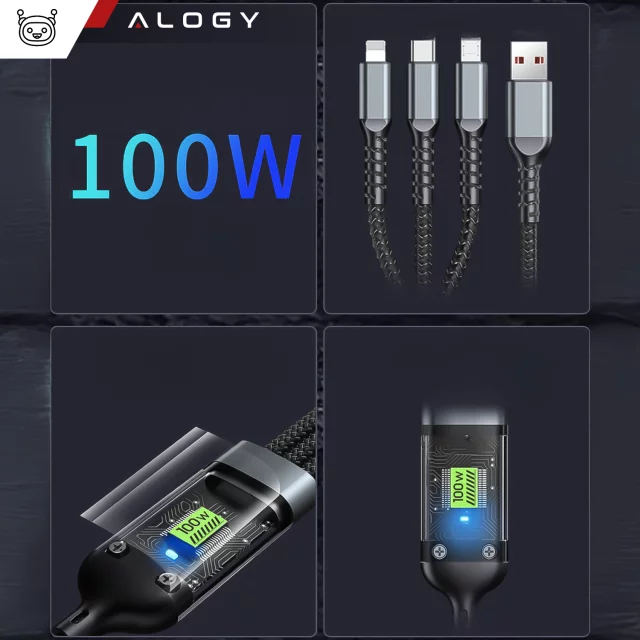 120cm Alogy 3in1 Fast Charging Charging Cable 100W USB to USB-C Micro Lightning Black