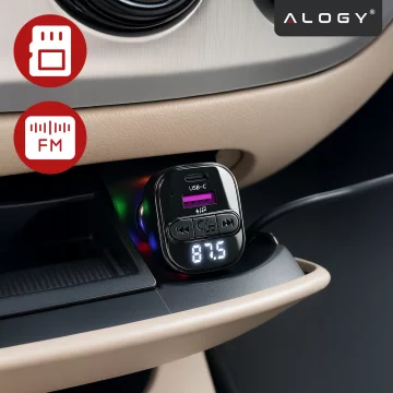 Bluetooth 5.3 FM-Transmitter mit PD 30W QC3.0 Kfz-Ladegerät, USB-C-Spiralkabel, USB-Stick-Unterstützung, 7-farbiger LED-Hintergrundbeleuchtung – Alogy CarTune™ Schwarz