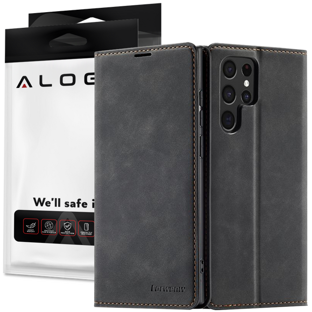 Alogy Forwenw Leder Flip Wallet Case für Samsung Galaxy S22 Ultra Schwarz
