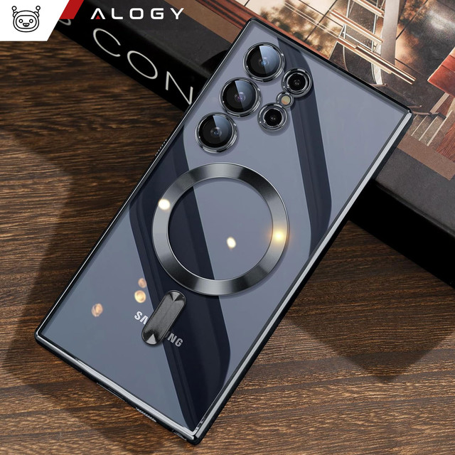 Hülle für Samsung Galaxy S24 Ultra Mag Safe Glamour Case Ringgehäuse Kameraschutz Alogy Schwarz Transparent