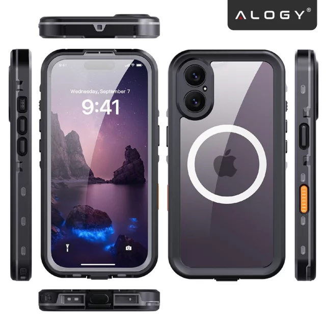 Etui Wodoodporne do Apple iPhone 17 6.3", Pancerna Obudowa 360° z Przezroczystym Tyłem, Kompatybilna z MagSafe, Alogy HydroArmor™ IP68 Case – Czarne