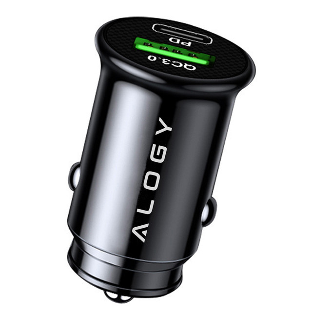 Ładowarka samochodowa 38W USB QC 3.0 18W + USB-C C PD 20W szybka mocna do telefonu Alogy Car czarna + Kabel USB-C 1m