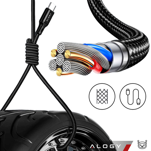 2x USB-C Type C cable strong fast 60W PD 1M for iPhone 15/Pro/Max nylon cable Alogy Black [2 pcs]