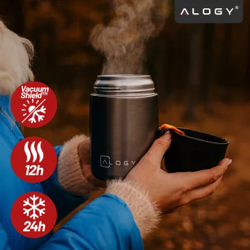 Termos pojemnik obiadowy na jedzenie żywność zupę lód  dla dzieci 700ml Alogy ze stali nierdzewnej + składana łyżeczka termiczny szary