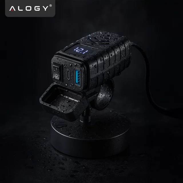 Alogy MotoCharge Pro™ Motorradladegerät mit Display, 36 W PD QC 3.0 Schnellladung, USB-A- und USB-C-Anschlüsse, wasserdicht und robust, Schwarz