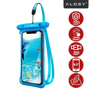 Alogy HydroShield™ Universal IPX8 wasserdichte Hülle für Smartphones bis 6,5 Zoll – Wasserdichter Schutz für Strand, Pool und Kajak, Touchscreen-Bedienung und Tragegurt – Blau