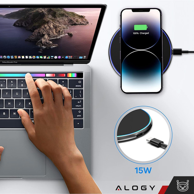 QI bezdrátová indukční nabíječka 15W rychlá LED Alogy kulatá pro iPhone USB-C kabel Černá