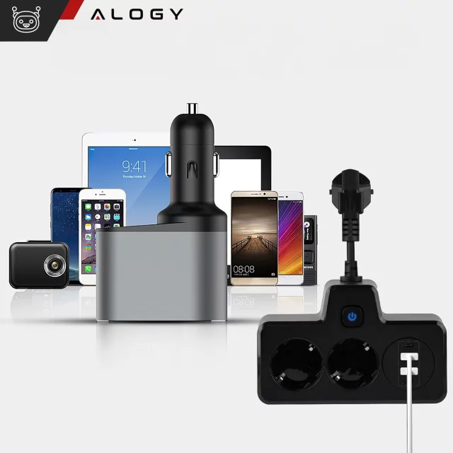 Rozgałęźnik gniazdka Alogy Plug Extender rozdzielacz adapter przedłużacz 2x wtyczka EU + 2x USB + 2x USB-C Czarny