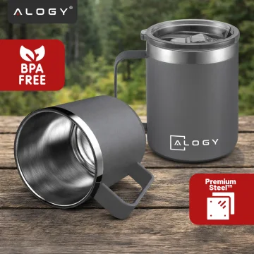 Termohrnek 420 ml s uchem a víčkem na kávu, čaj, ocel, studené a teplé nápoje Alogy Grey