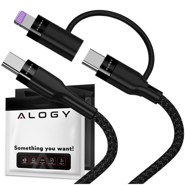 Alogy 2in1 USB-C to Lightning PowerDelivery cable for Apple iPhone PD 60W 100cm Black