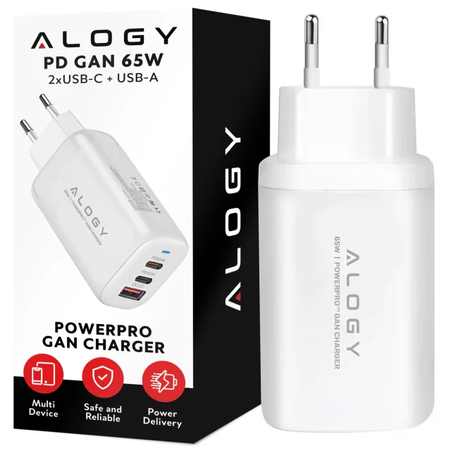 Alogy GaNCharge Kompaktes 3-in-1-Wandladegerät, schnelles Laden, GaN3, 65 W, USB-A, 30 W, 2 x USB-C, 65 W, Weiß