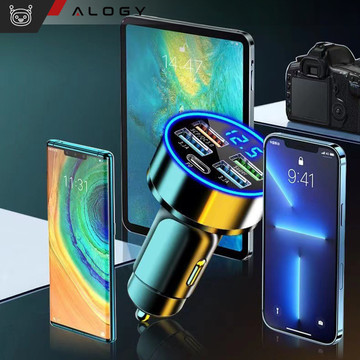 Car charger 4x USB QC 3.0 USB C PD 20W LED fast powerful 250W for Alogy Car phone black