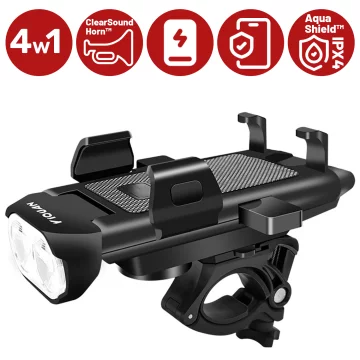 Bicycle Phone Holder 4in1 LED Light T6 Front Bell Bike Horn Powerbank 3000mAh Black