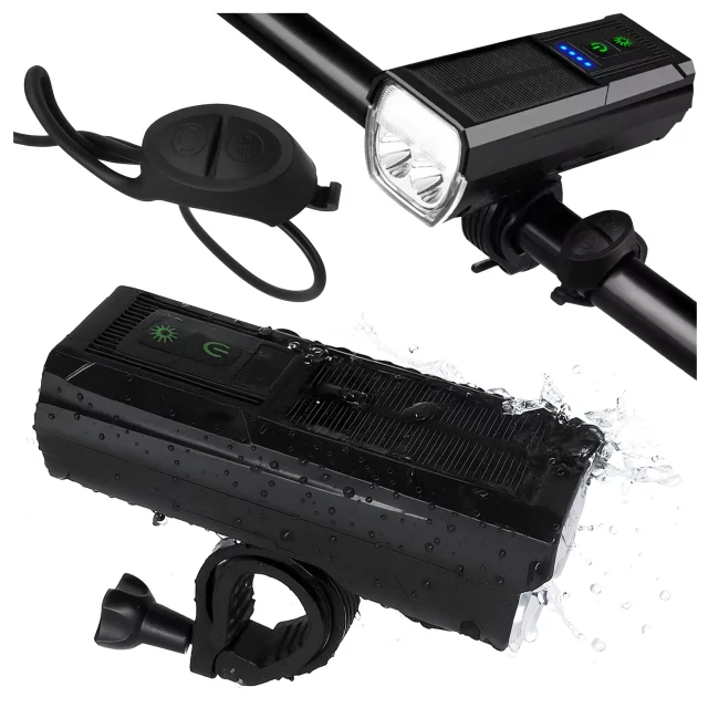 LED-Fahrradfrontlicht mit Solarpanel und Hupe, superhell (1000 lm, 4400 mAh), wasserdicht, schwarz