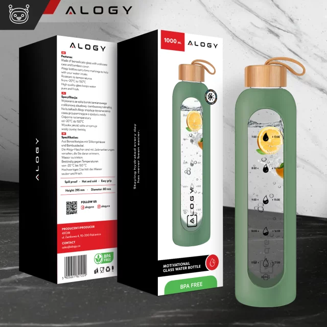 Große Glasflasche, Trinkflasche Alogy Motivational Messbecher 1l 1000ml, Silikonhülle Olive