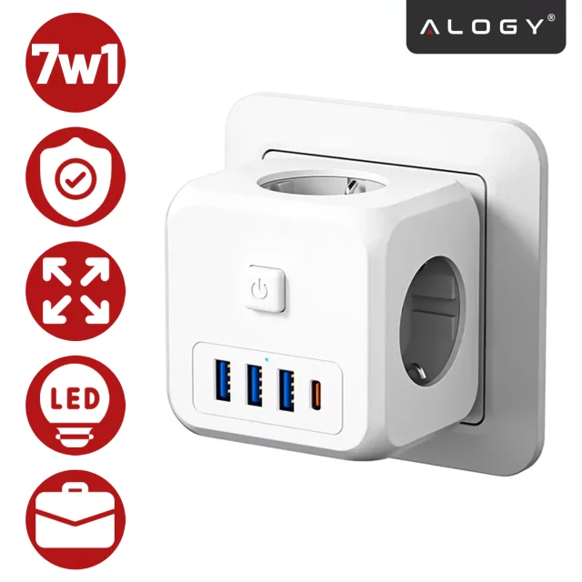 Síťový splitter splitter Adaptér nabíječky zloděj 3 zásuvky EU 3x USB USB-C C 7v1 Alogy Bílá