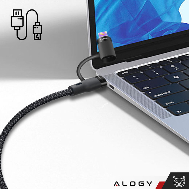 Alogy 2in1 USB-C to Lightning PowerDelivery cable for Apple iPhone PD 60W 100cm Black