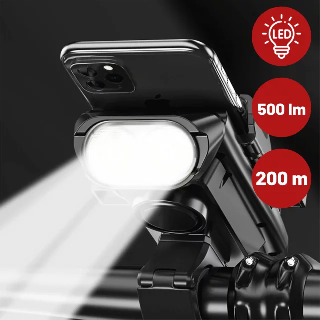 Bicycle Phone Holder 4in1 LED Light T6 Front Bell Bike Horn Powerbank 3000mAh Black