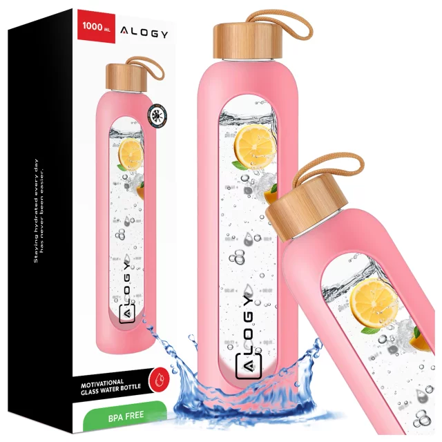 Große Glasflasche Trinkflasche Alogy Motivational Messbecher 1l 1000ml Silikonhülle Pink