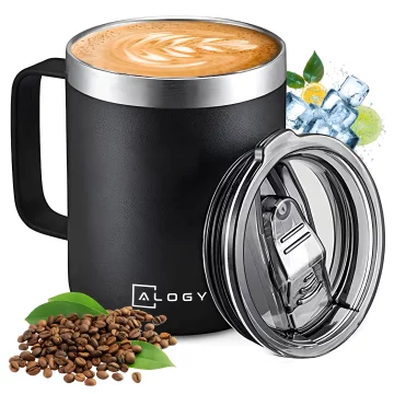 Thermal mug 420 ml with a handle and lid for coffee, tea, steel, cold and hot drinks, Alogy Black
