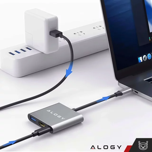 HUB 3in1 Adapter USB-C auf HDMI USB-A USB-C 4K 60Hz Alogy grau