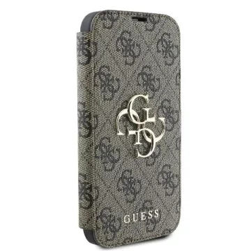 Guess 4G Metal Logo Book Case do iPhone 16 6,1″ – brązowe, z funkcją podstawki