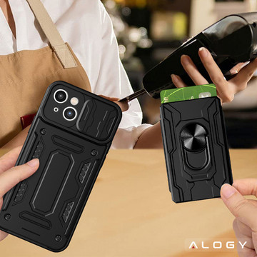 Alogy Camshield Stand Ring Wallet Case with Camera Protector and Card Slot for Apple iPhone 14 Plus Black Glass