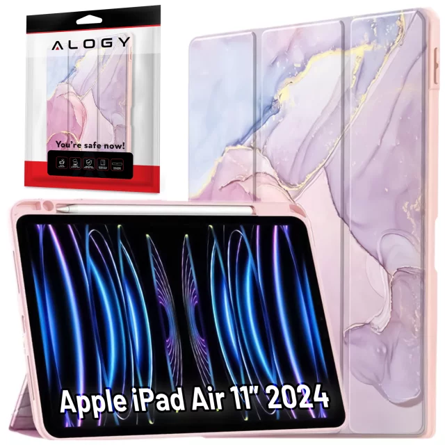 Etui hybrydowe z miejscem na rysik do Apple iPad Air 11" (2024,2025) / Air 10.9" (2020,2022) / Pro 11 (2018) Alogy Hybrid Book Cover Case Marble Różowe + Szkło