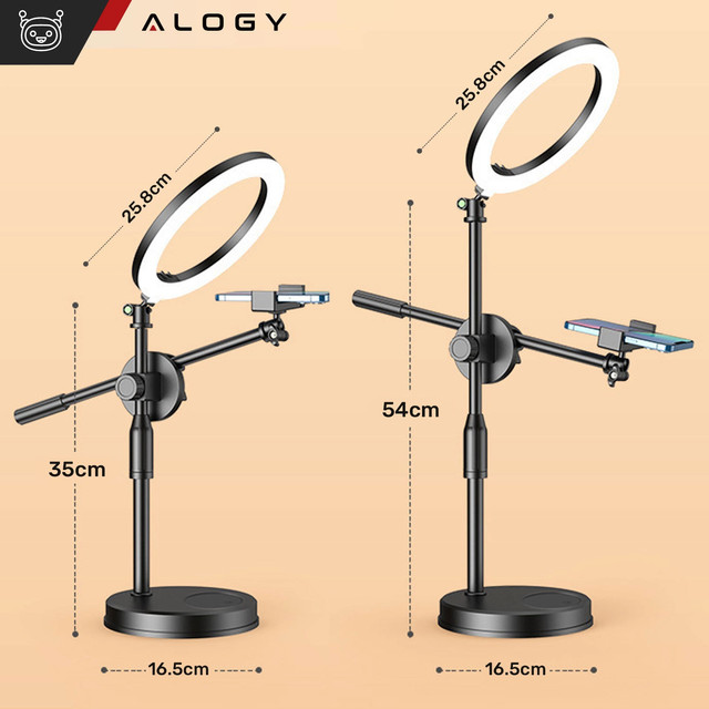 Ring LED ring lamp 10" 2x phone holder standing tripod on desk with adjustable frame Alogy Black