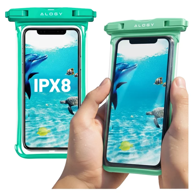 Etui Wodoodporne Uniwersalne IPX8 do Telefonów do 6.5", Wodoszczelna Ochrona na Plażę, Basen i Kajak, Dotykowy Front i Pasek na Szyję, Alogy HydroShield™ – Zielone