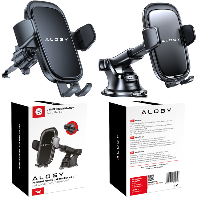 Car phone holder, window, grille, cockpit, dashboard, car, car, for 7" phone Alogy 3in1 Black