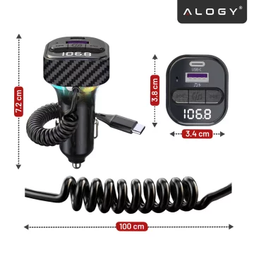 Bluetooth 5.3 FM Transmitter with PD 30W QC3.0 Car Charger, USB-C Spring Cable, Pendrive Support, 7 Color LED Backlight – Alogy CarTune™ Black
