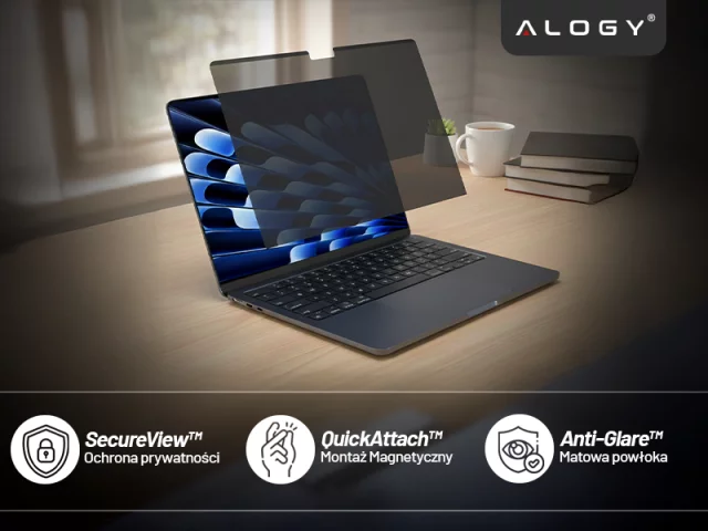 Magnetyczna folia prywatyzująca do MacBook Air 13.6" 2022–2025 – ochrona prywatności, łatwy montaż, pokrowiec do przechowywania, redukcja odblasków – Alogy SecureView™