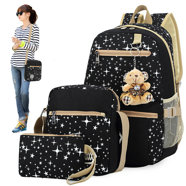 3in1 backpack school urban youth school bag pencil case cosmetic bag keychain teddy bear capacious women's Black with stars Alogy