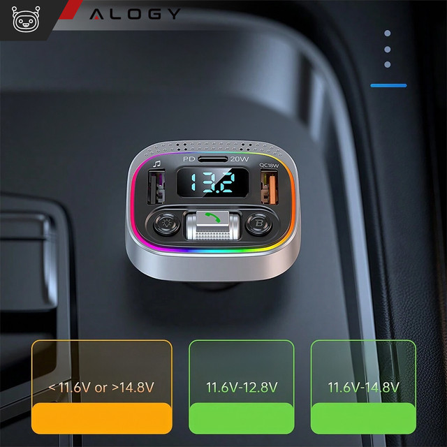 Bluetooth FM MP3 Car Transmitter Fast Charger 2 x USB QC 3.0 USB-C C PD 20W LED RGB Alogy Car silver