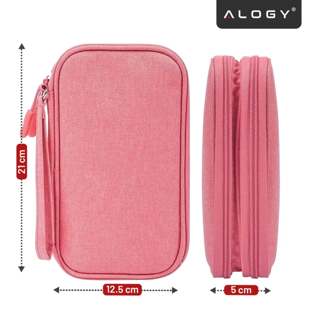 Etui Podróżne na Akcesoria, Organizer na Kable, Ładowarki, Telefon i Powerbank, Wielofunkcyjne i Kompaktowe 21 x 12,5 x 5 cm, Alogy TravelPack™ – Różowe
