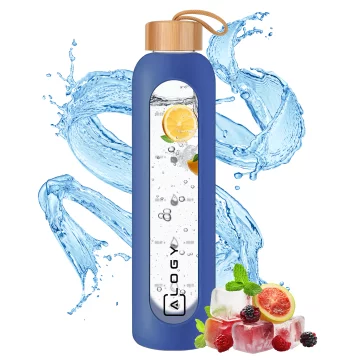 Alogy Large Glass Bottle Drinking Bottle Motivational Measuring Cup 1l 1000ml Silicone Case Blue