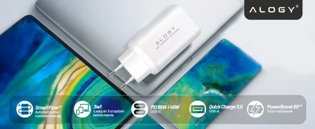 Alogy GaNCharge Compact 3in1 Wall Charger Fast Charging GaN3 65W USB-A 30W 2x USB-C 65W White