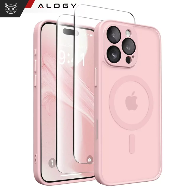 3-in-1 Hybrid-Glashüllen-Set für Apple iPhone 16 Pro Max: Schutzhülle mit Hybrid-MagSafe-Funktion und Linsenschutz, 2x Displayschutzfolie aus gehärtetem Glas, Alogy 3-in-1-Hüllen-Set, Pink