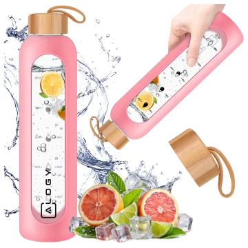 Velká skleněná láhev na pití Alogy Motivační odměrka 1l 1000ml silikonové pouzdro Růžové