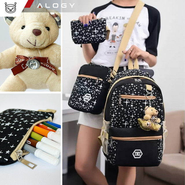 3in1 backpack school urban youth school bag pencil case cosmetic bag keychain teddy bear capacious women's Black with stars Alogy