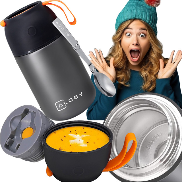 Termos pojemnik obiadowy na jedzenie żywność zupę lód dla dzieci 700ml Alogy ze stali nierdzewnej + składana łyżeczka termiczny szary