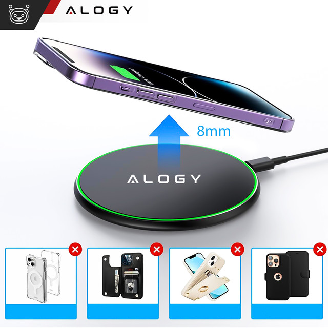 QI bezdrátová indukční nabíječka 15W rychlá LED Alogy kulatá pro iPhone USB-C kabel Černá